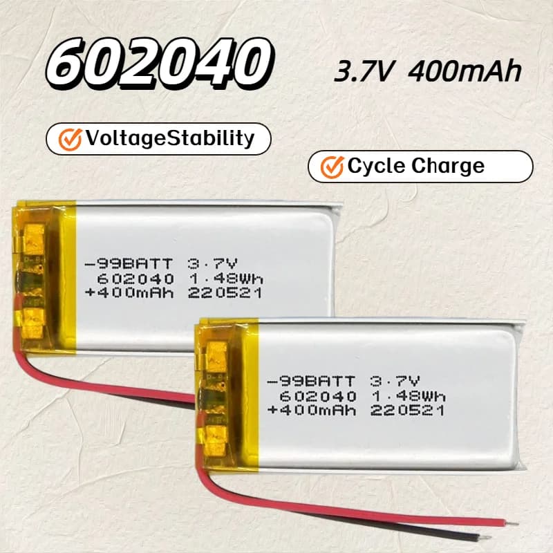 Batteria ricaricabile LiPo ai polimeri di litio 602040 3.7V 400mAh per auricolari Bluetooth, strumenti di bellezza, selfie stick