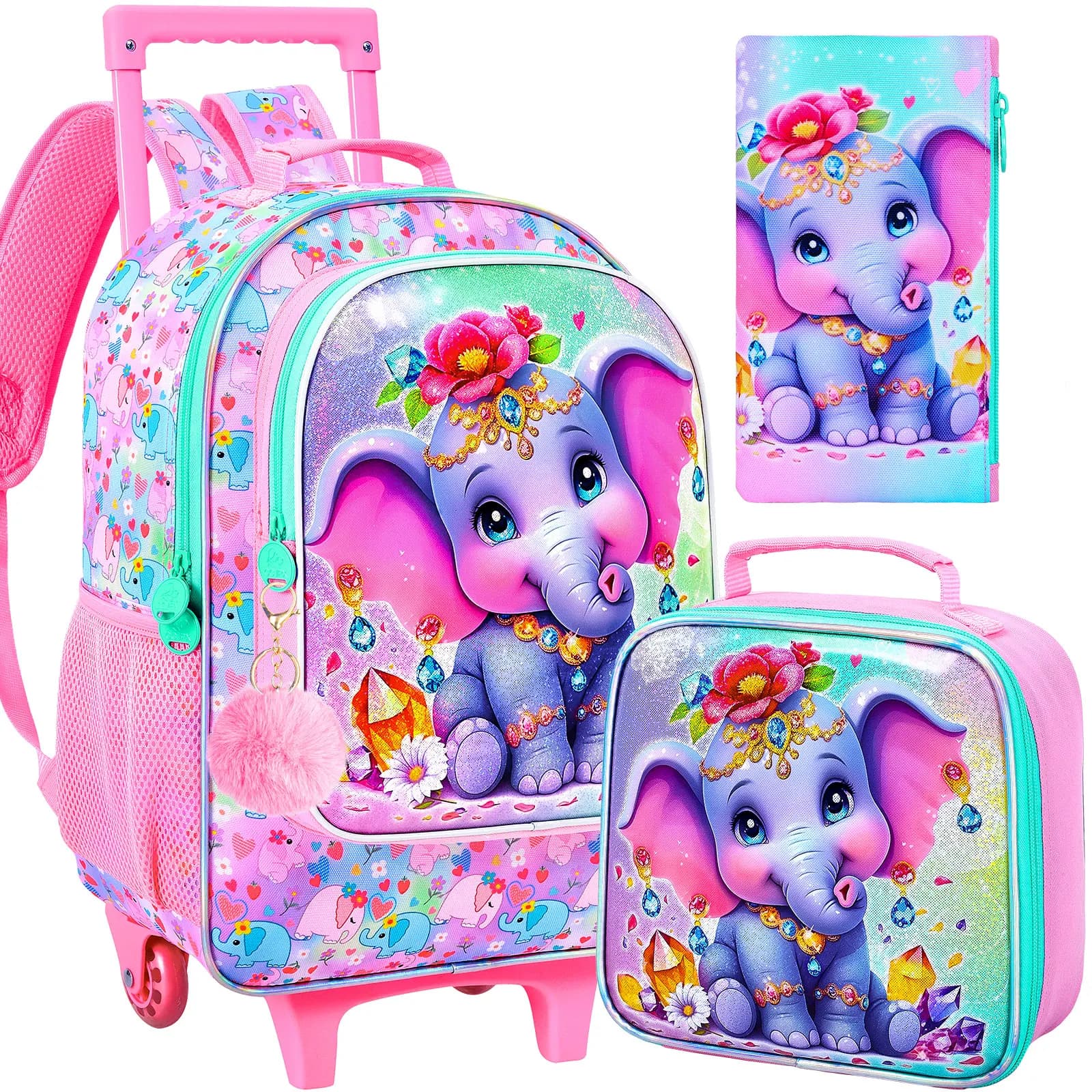 3PCS Cute Elephant Print Kids Rolling Backpack Set with Lunch Bag & Pencil Case, Wheeled School Bag for Girls