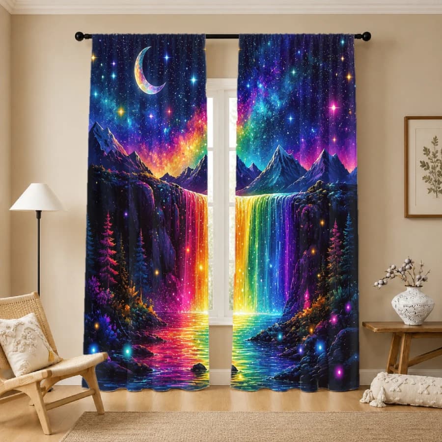 2PCS Digital Printed Curtains, Rainbow Waterfall Galaxy Starry Moon, Fantasy Magical Landscape Window Decor for Kids Room