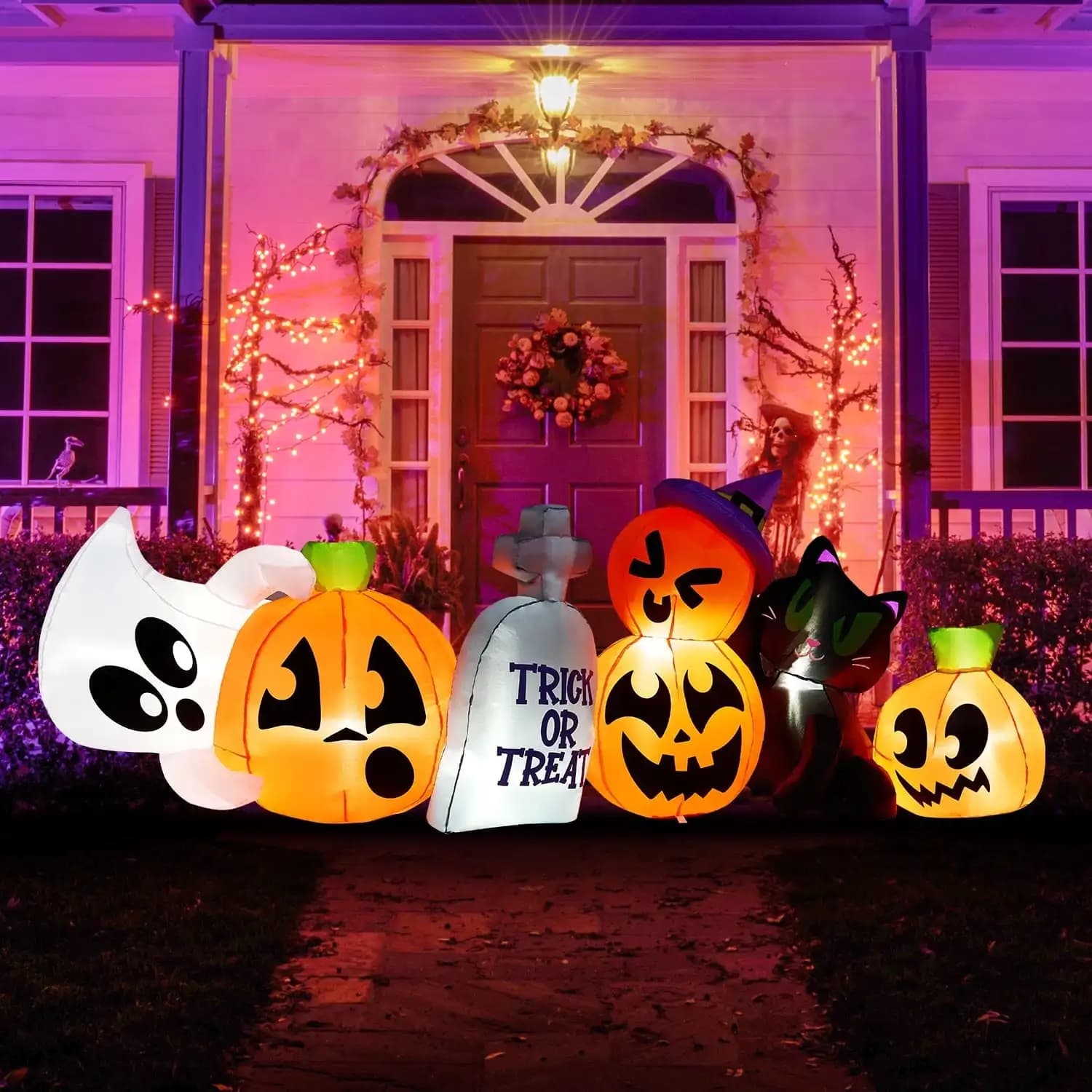 8 ft Long Pumpkin Ghost Cat Halloween Inflatables Characters Long Light Up Tombstone Halloween Blow up Yard Decorations