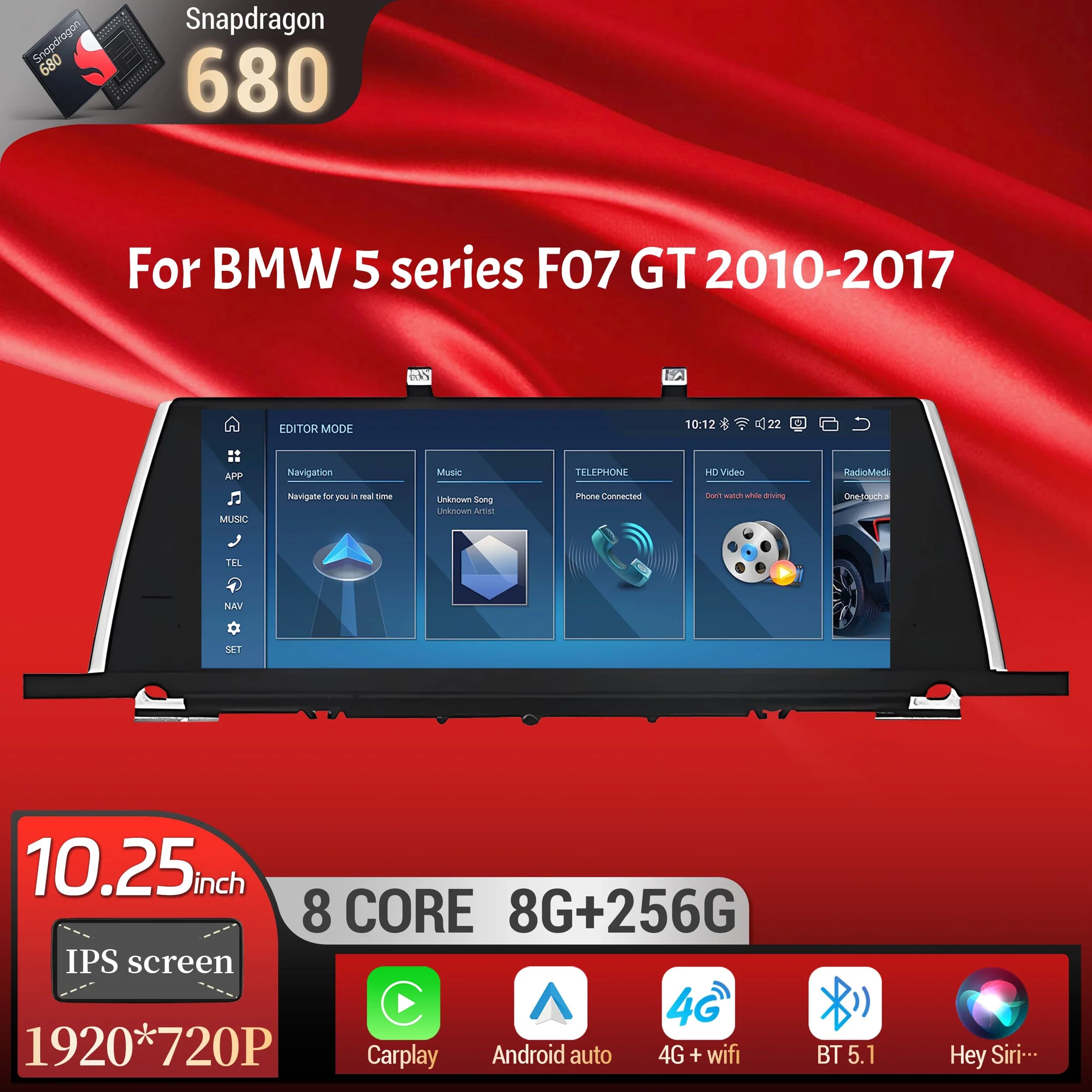 Autoradio Android 13 da 10.25 pollici per BMW serie 5 F07 GT 2010-2017 GPS Wireless Bluetooth Carplay Snapdragon 680 Schermo unità principale
