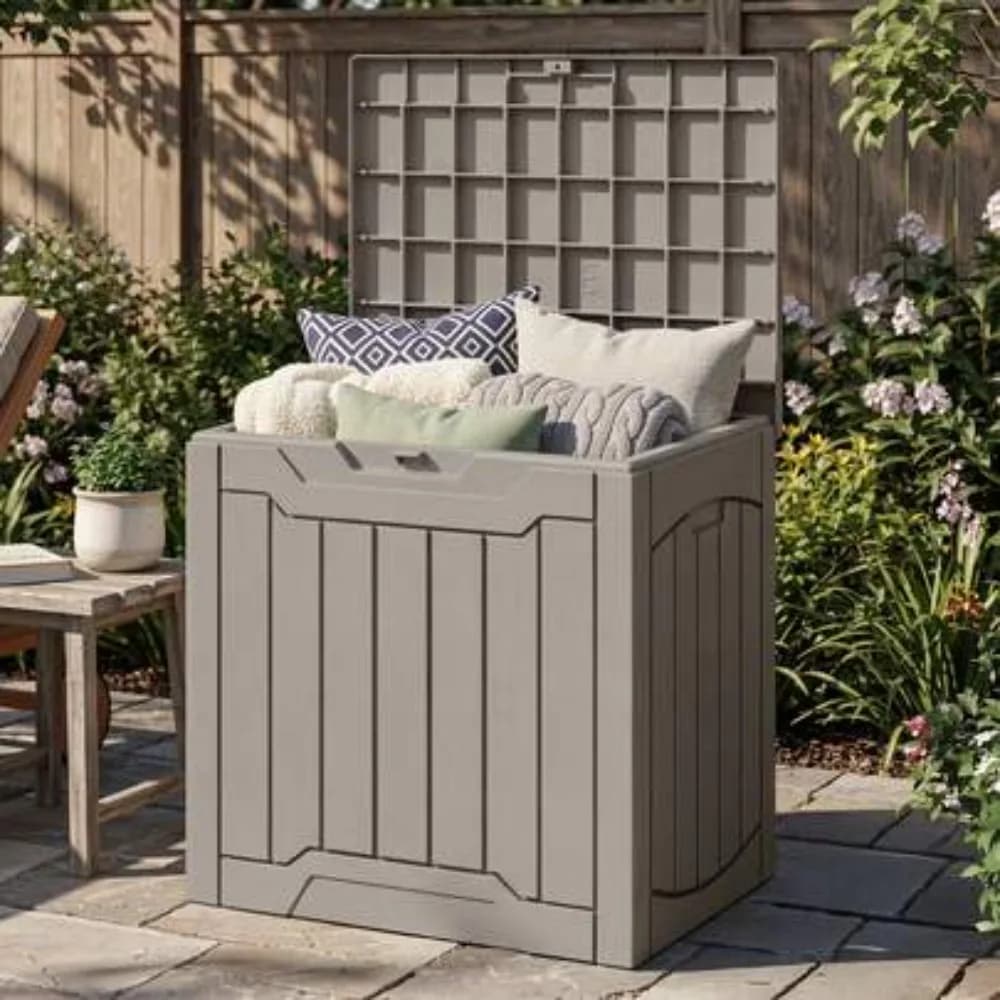 31 Gallon Waterproof Resin Outdoor Storage Box Lockable Deck Box for Patio Furniture Gardening Tools Pool Supplies Package Delivery Chest Light Brown