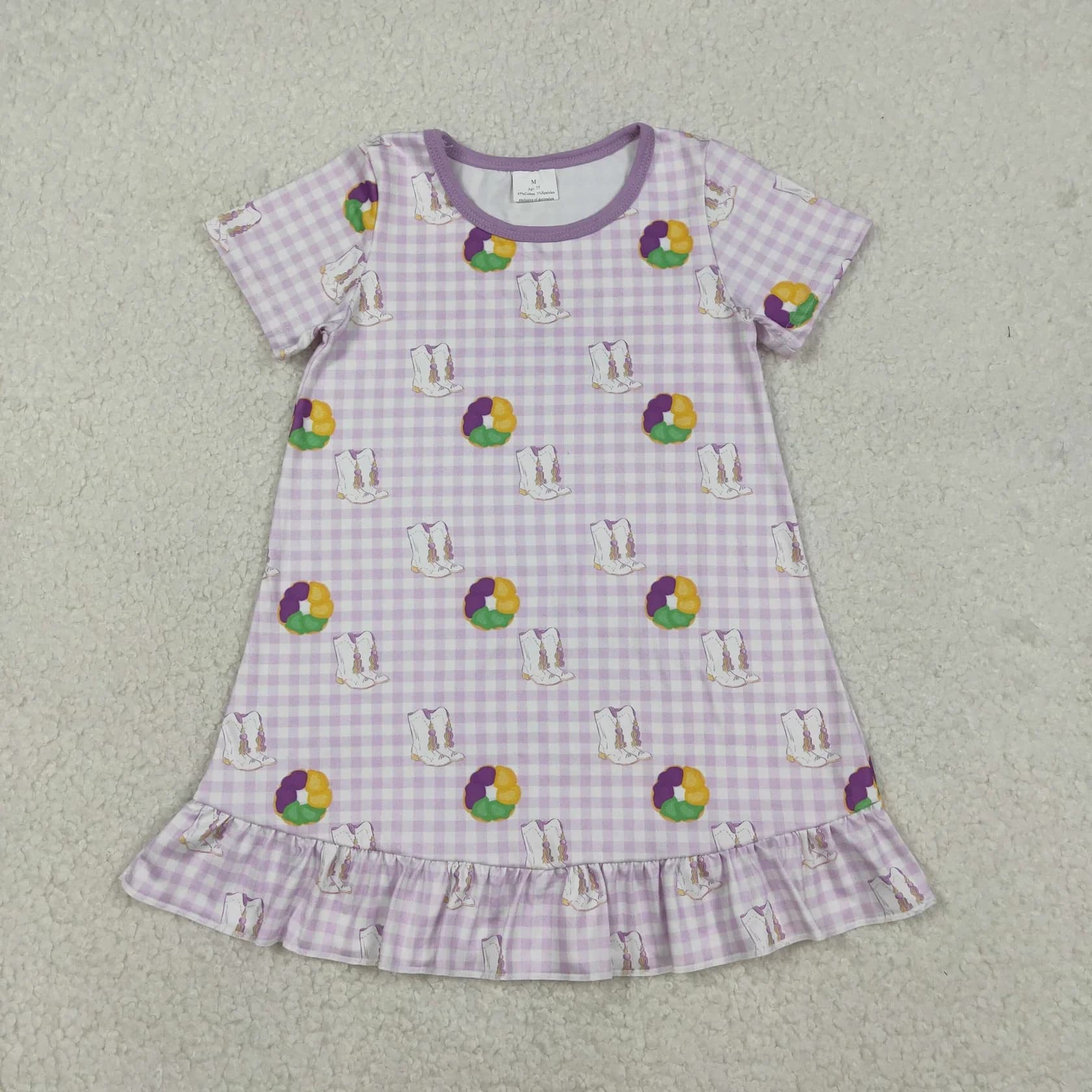 Vendita all'ingrosso Bambini Bambini Maniche corte Stivali Abito al ginocchio Neonata Mardi Gras Abbigliamento Bambina per bambini Abito scozzese viola