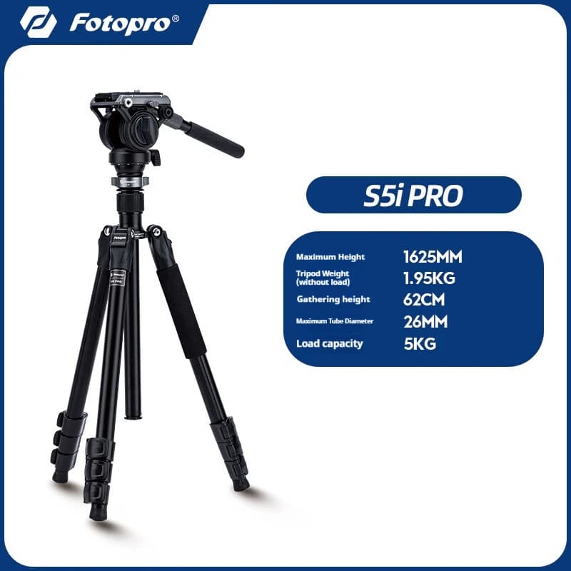 Treppiede Fotopro S5i per Fotografia e Video – Treppiede Portatile per Fotografia e Registrazione Video, con Base Autolivellante