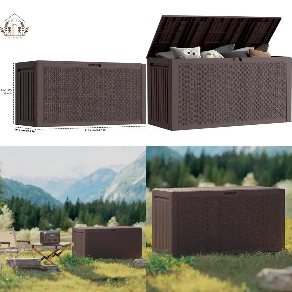 Contenitore da Esterno Impermeabile da 90 Galloni con Serratura, Marrone, per Cuscini da Patio e Stoccaggio su Terrazza, in Plastica Effetto Rattan, per Tubo da Giardino