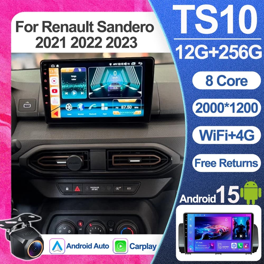 Android Auto per Renault Sandero 2021 2022 2023 Lettore multimediale wireless con schermo touch HD, ingresso FM Aux, Bluetooth, 2K QLED, Wi-Fi