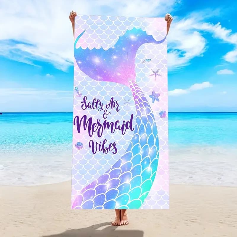 Telo Mare a Coda di Sirena con Stampa 'Salty Air & Mermaid Vibes', Asciugatura Rapida, Anti-Sabbia, Assorbente, per Spiaggia, Viaggi e Vacanze