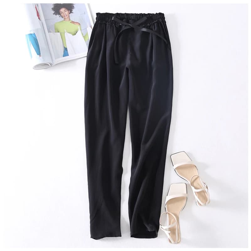 Pantaloni lunghi da donna Pantaloni in vita con cintura in seta di gelso al 100% con tasche Colore nero Office Lady M0609