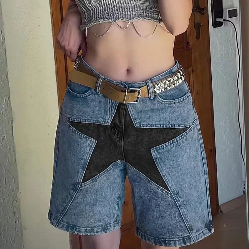Jeans Women's Courts with Patchwork by Stars, Bermuda in Denim Vintage, Pantaloncini Larghi Estivi Streetwear, Women's Fashion Clothing