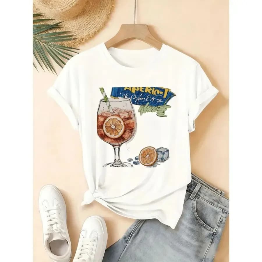 T-shirt estiva da spiaggia casual con maniche arrotolate, maglietta nera con grafica cocktail, bicchiere di vino e design con fetta d'arancia - Perfetta per feste