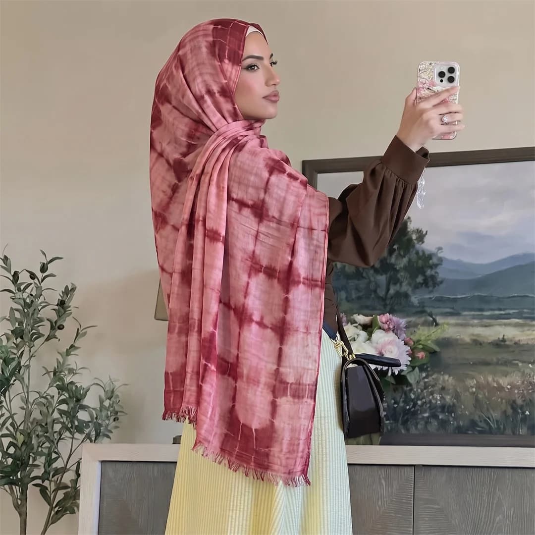 Fashion Tie Dye Rayon Hijab Scarf Fringe Edge Muslim Women Headscarf Wrap Soft Lightweight Breathable Islamic Daily Turban Shawl