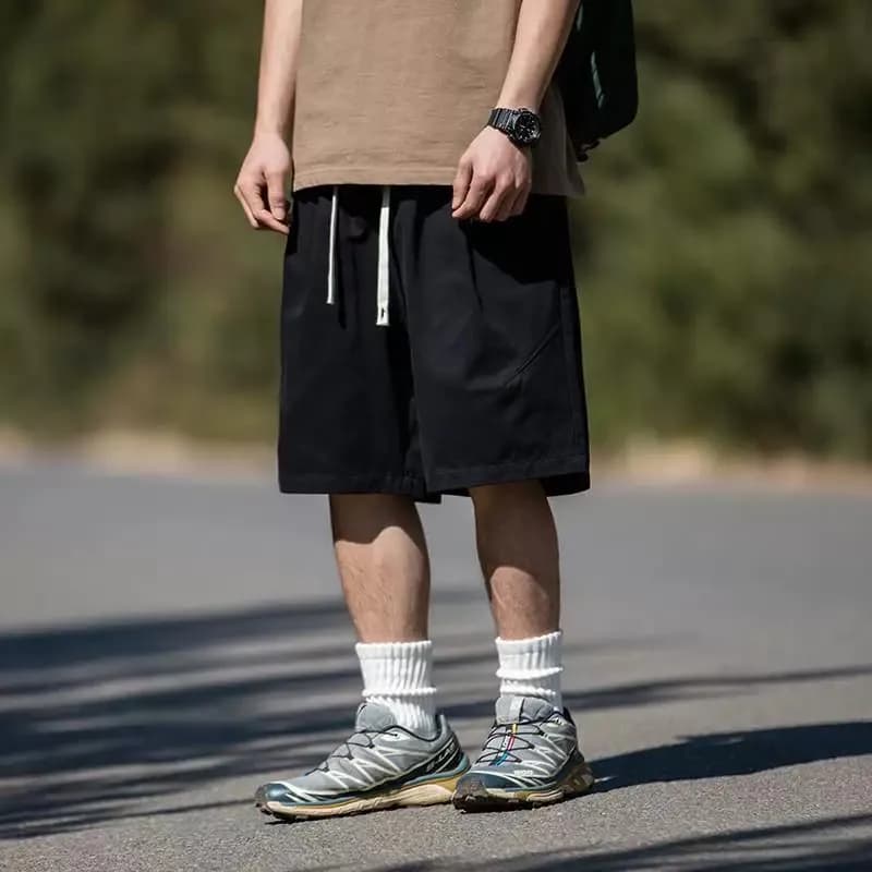 Summer Men's Retro plus Size Cotton Workwear Shorts Drawstring Straight Leg Loose Fit Five-Quarter Length Casual Trousers