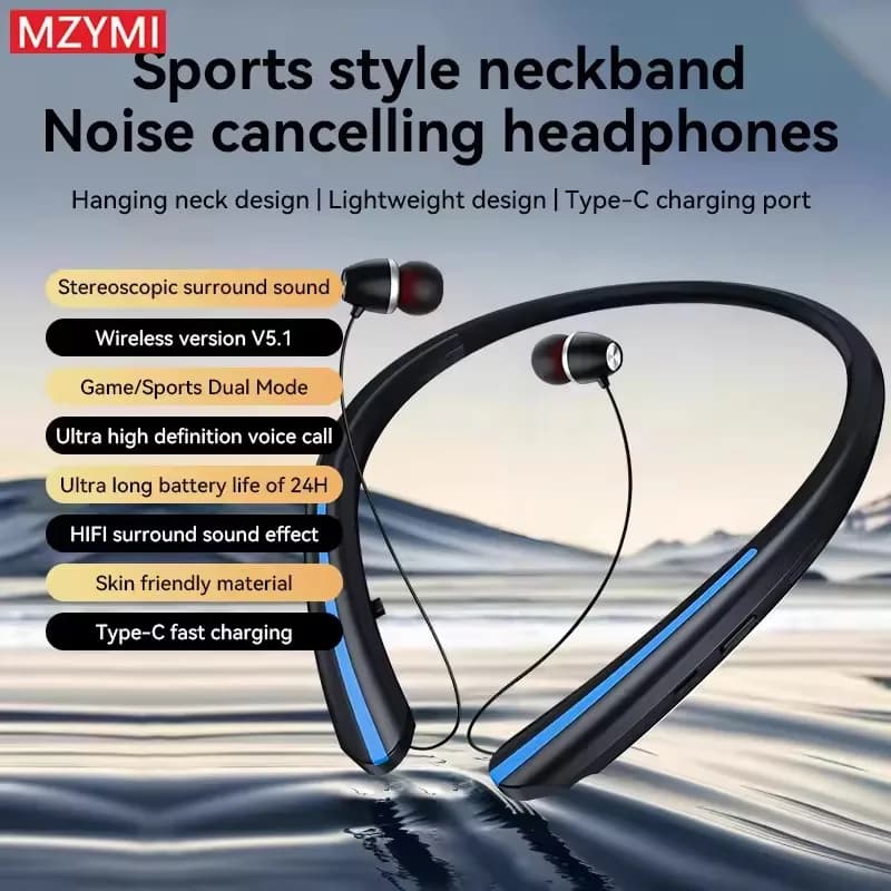 Auricolari Wireless MZYMI HX801 con Fascia per il Collo, Cuffie Bluetooth TWS con Cancellazione del Rumore, Impermeabili, per Sport