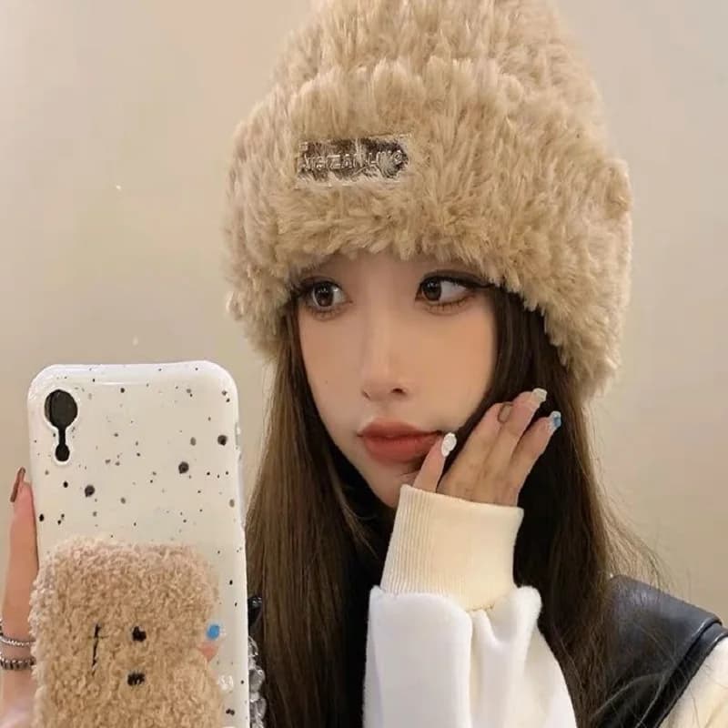 Berretto lavorato a maglia in peluche da donna berretti invernali addensati caldi cappelli di protezione dell'orecchio Femme Casual Solid Cover Head Cap Bonnet Skullies Rib