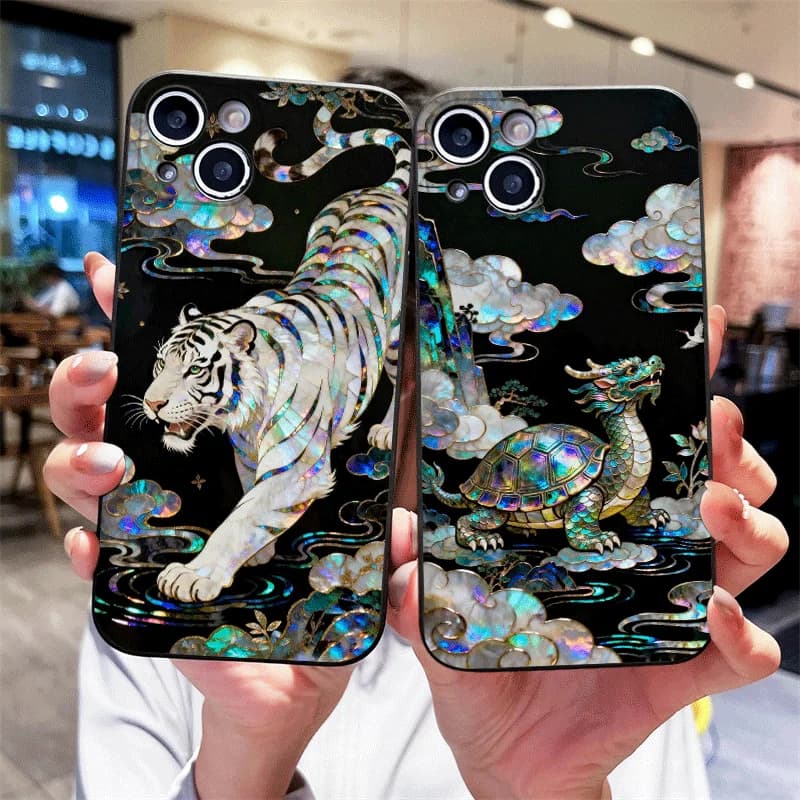 Cover per Telefono con Stampa Drago e Tigre in Stile Cinese e Texture Marmorizzata per Samsung Galaxy S25 S24+ S23 Ultra S22 Plus S21 FE S20