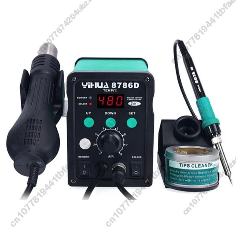 Stazione di saldatura 2 in 1 220V con saldatore e pistola termica per rilavorazione SMD, display digitale LED, tavolo di saldatura 8786D 740W