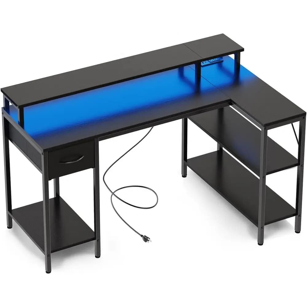 Scrivania a L con 47 LED, supporto per monitor, prese di corrente e spazio contenitivo per gaming/ufficio domestico
