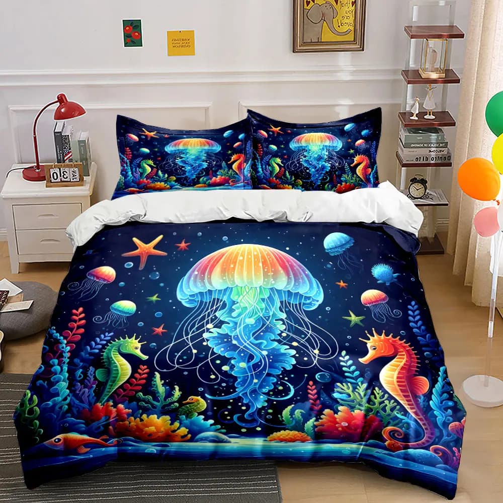 Set di decorazioni per la vita marina subacquea, set di biancheria da letto con copripiumino morbido e confortevole, include 1 copripiumino e 2 federe, regalo