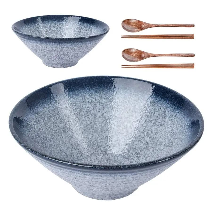 Ciotole per ramen giapponesi in ceramica, 2 set da 6 pezzi da 60 once, ciotola per zuppa di noodle grande con bacchette e cucchiai abbinati per Pho asiatico