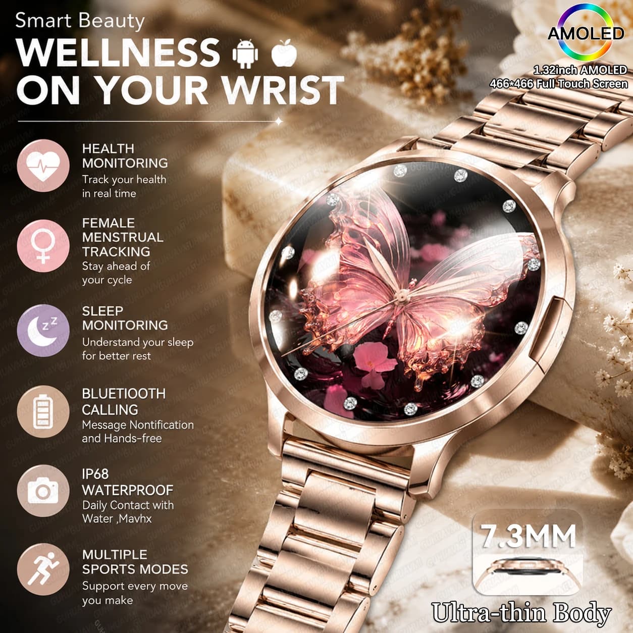 Smart Watch for Women 7.9mm Ultra Thin 1.32" AMOLED Screen Bluetooth Calling Heart Rate Sleep Monitor Bracelets Rose Gold Gift