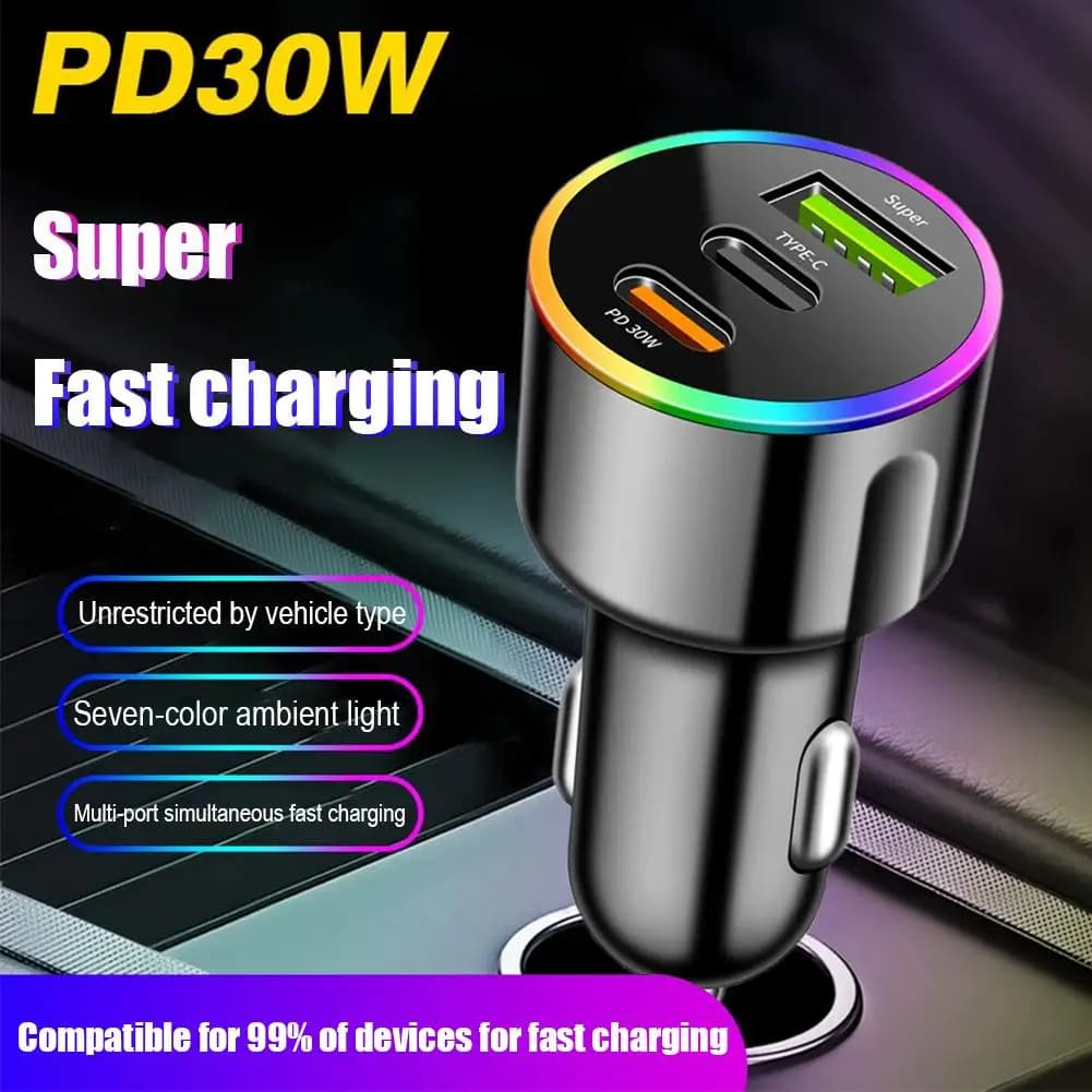 USB Type C 3 Port 60W Car Charger with Fast Charging, PD30W Lighter Adapter for iPhone and Huawei