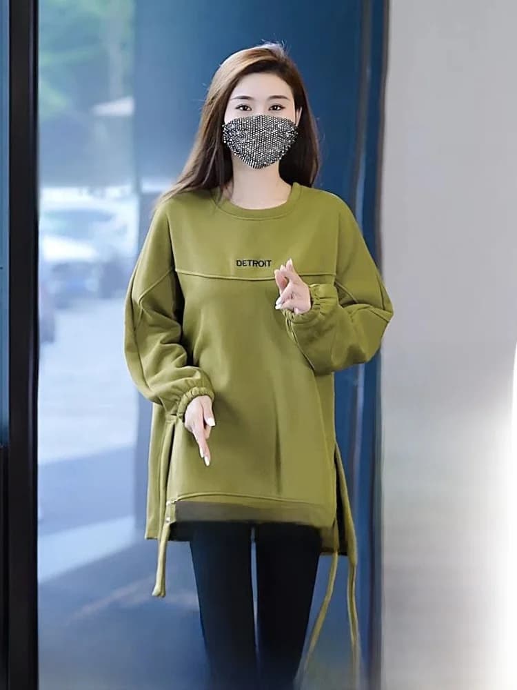 Women's Long Sleeve Fleece Lined Hoodie mid Length Butt Covering Fashionable Top Korean Style round Neck Pullover Sweatshirt