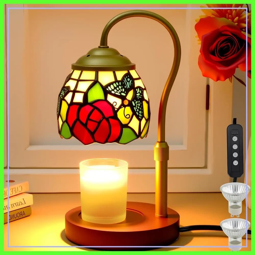 Lampada Scaldacera a LED Tiffany a Forma di Farfalla con Timer e Dimmer, Scaldacera Regolabile per Candele in Vaso, Regalo per Donne