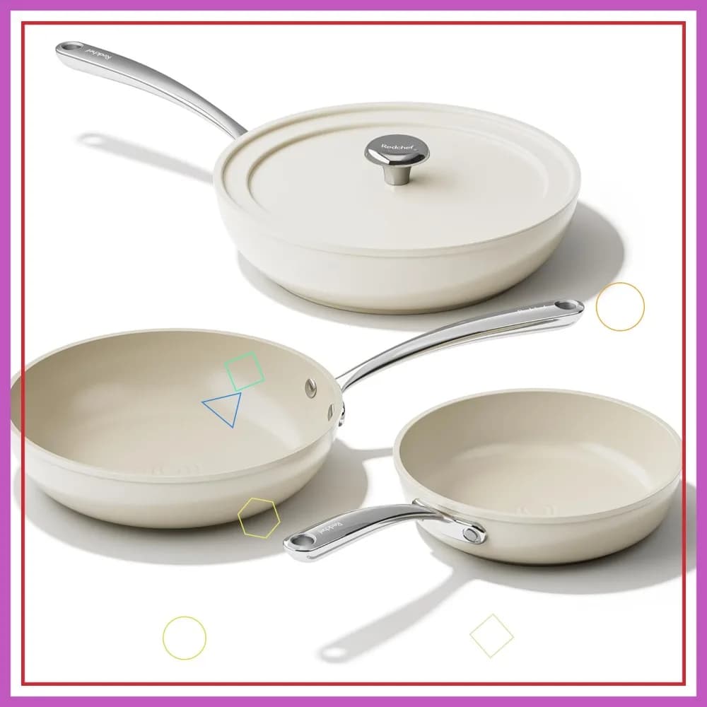 Set di Padelle Antiaderenti in Ceramica 4 Pezzi, Senza PFAS e PFOA, Padelle da 8, 9.5, 11 Pollici con Coperchio, Lavabili in Lavastoviglie e Adatte al Forno, Beige Bianco