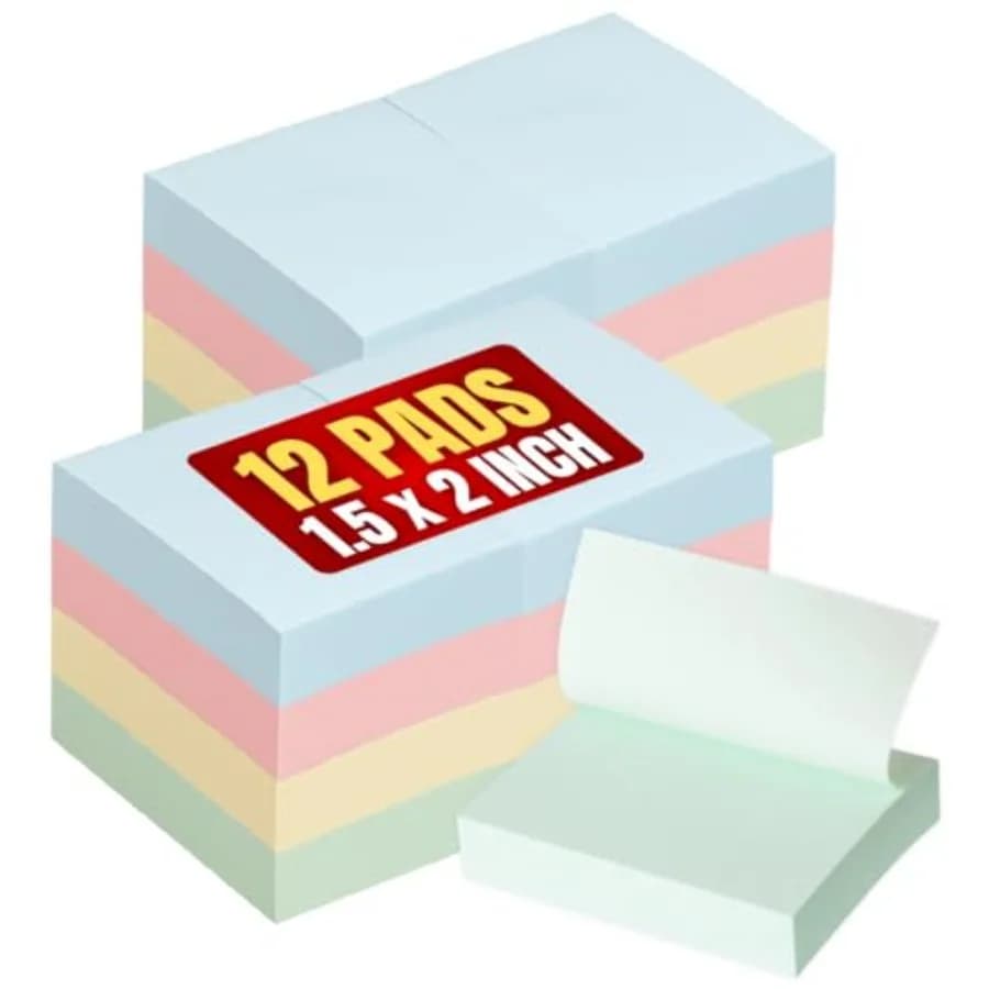 Small Sticky Notes 1.5 x 2, Pastel Sticky Notes, Assorted 100 Sheets- 12/Pack