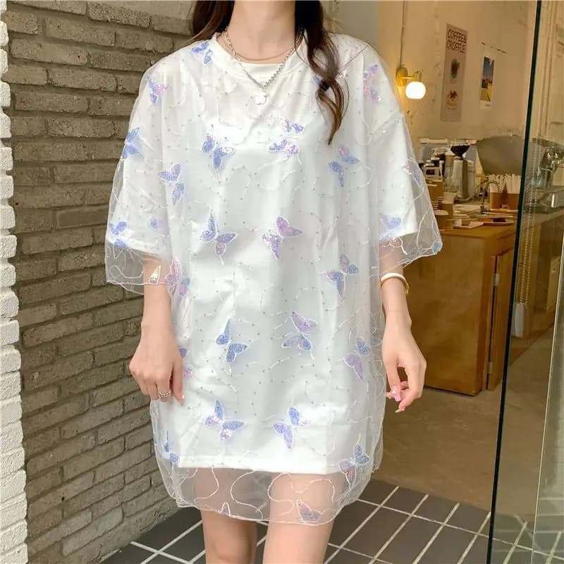 T-shirt a due farfalle finte in rete T-shirt larghe lunghe a maniche corte da donna Abiti coreani estivi