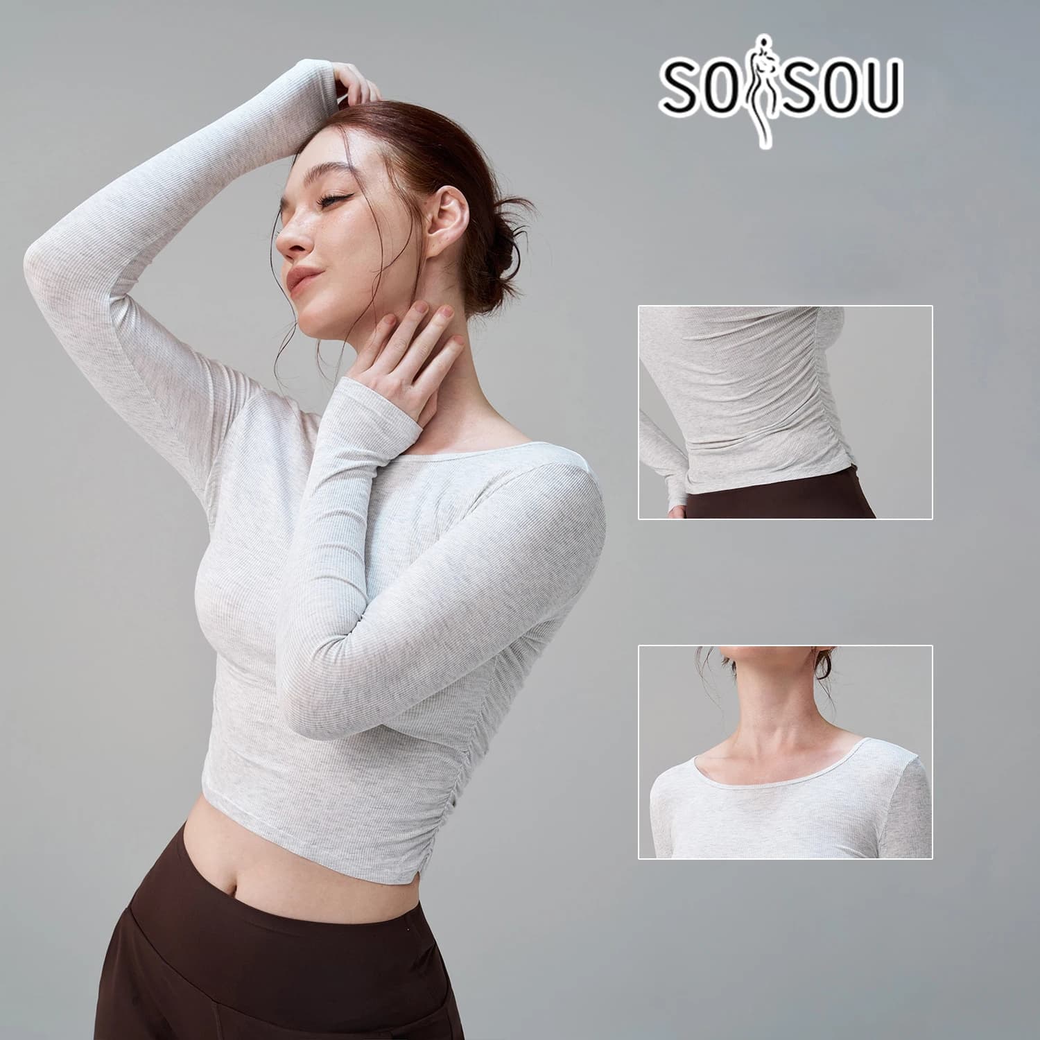 SOISOU Ribbing Gym Top Yoga T Shirt Fitness Sport Women Clothing Dry Fit High Elastic Breathable Long Sleeve Drape Sides Tops