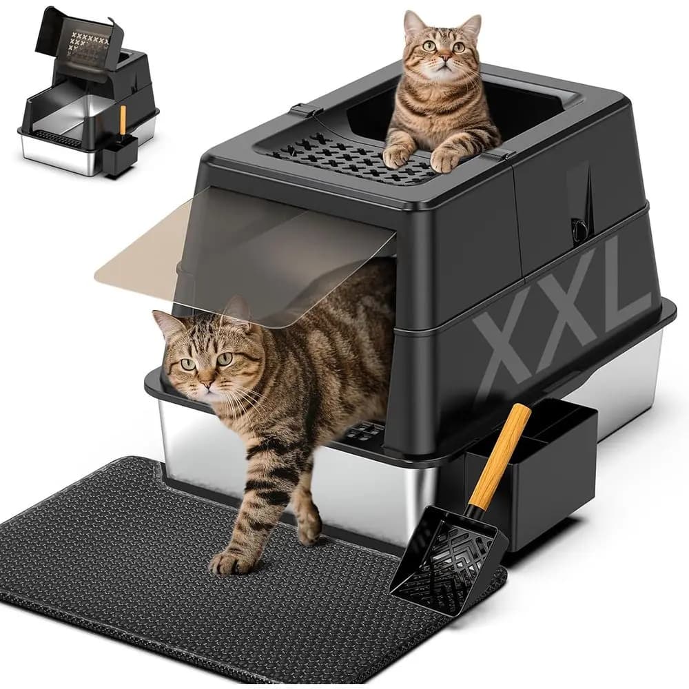 Lettiera per Gatti XXL in Acciaio Inossidabile con Coperchio, 27.5x19.7x19.3, Cassetta per Gatti Coperta con Bordi Alti, Antiaderente, Facile da Pulire, Nera