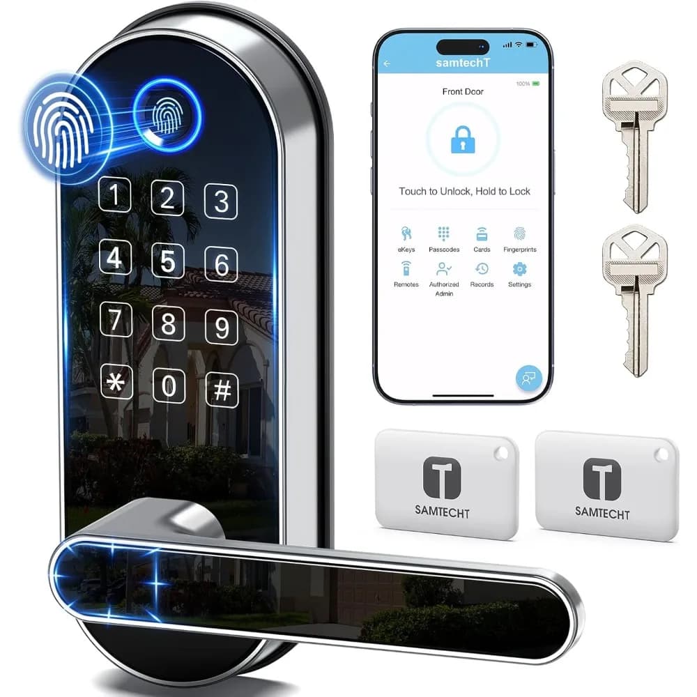 Serratura Intelligente Bluetooth con Impronta Digitale e Maniglia, Tastierino per Accesso Senza Chiave, Codice FOB, Chiusura Automatica per Casa, Airbnb, Noleggio, Bambini, Anziani