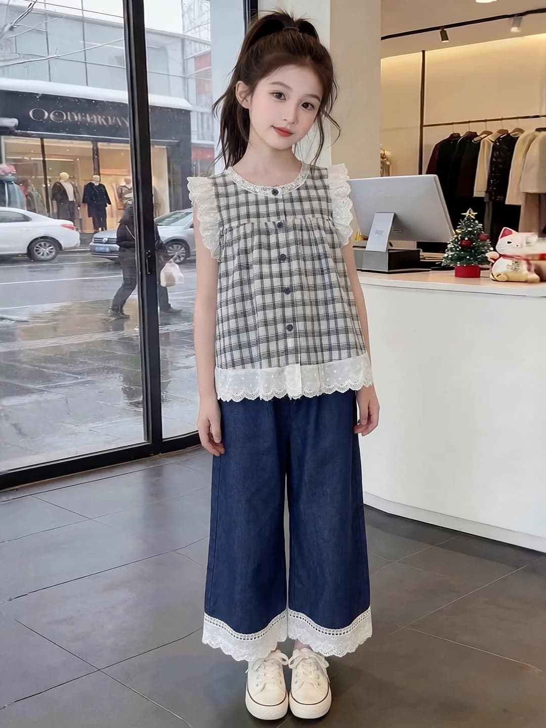 Completo Estivo per Bambine 2026, Nuovo Stile, Top Senza Maniche in Pizzo con Volant e Motivo a Quadri, Pantaloni in Denim, Set Due Pezzi Trendy con Collo Rotondo