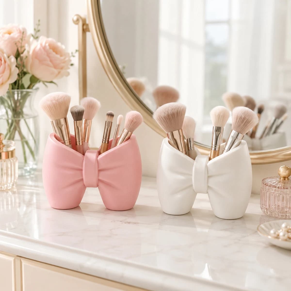 Bow Toothbrush Holder Plastic Bathroom Toothpaste Organizer Vanity Desktop Makeup Brushes Pens Stand Rack Storage Bedroom Decor