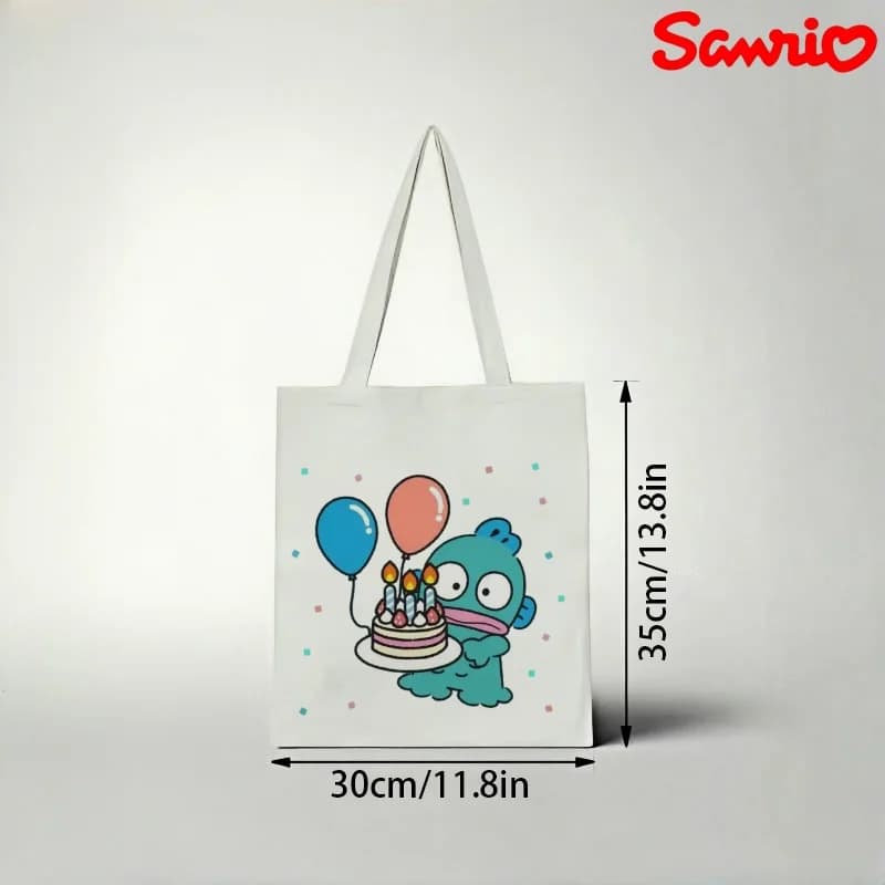 Borsa tote in tela Sanrio Hangyodon Birthday, borsa a tracolla ecologica con stampa torta e palloncini