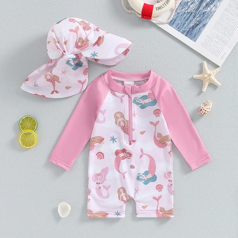 VISgogo neonate costume da bagno Sea Shell Print manica lunga Rash Guard costume da bagno cappello da sole a tesa larga Infant Toddler Beachwear