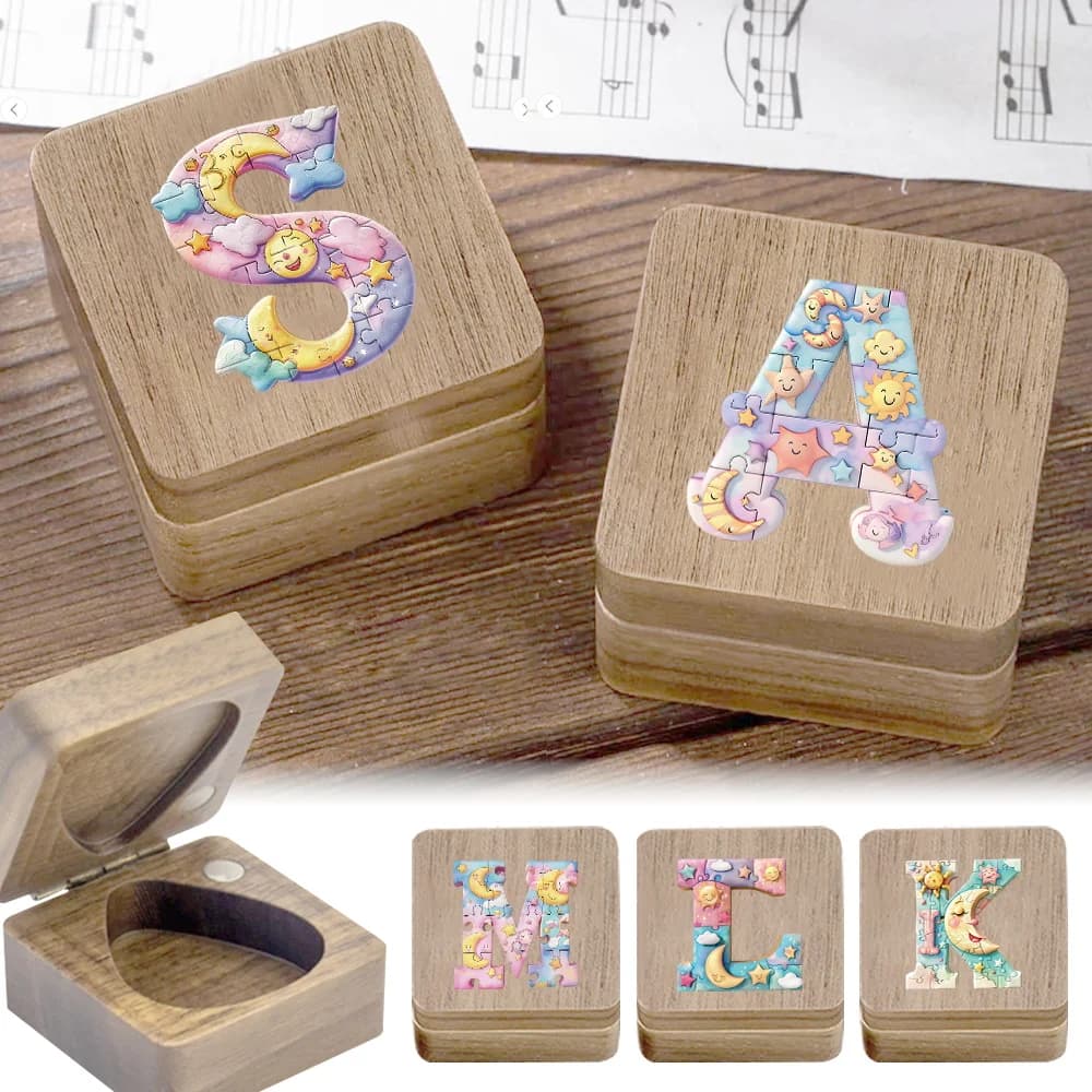 1 pz Scatola Porta Plettri in Legno per Chitarra, Basso, Ukulele, con Motivo Puzzle a 26 Lettere Iniziali, Portatile e Leggera