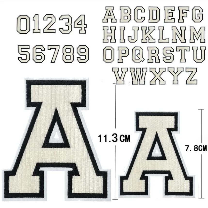 10 pezzi 7,8 cm di altezza numero bianco alfabeto toppe completamente ricamate ferro da cucire su motivo applique cappello borsa scarpa nome per bambini decorazione