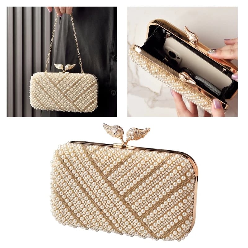 H3CB Borsa da elegante con perle finte per eventi ballo Borsa da festa in poliestere leggero Borsa a tracolla interna