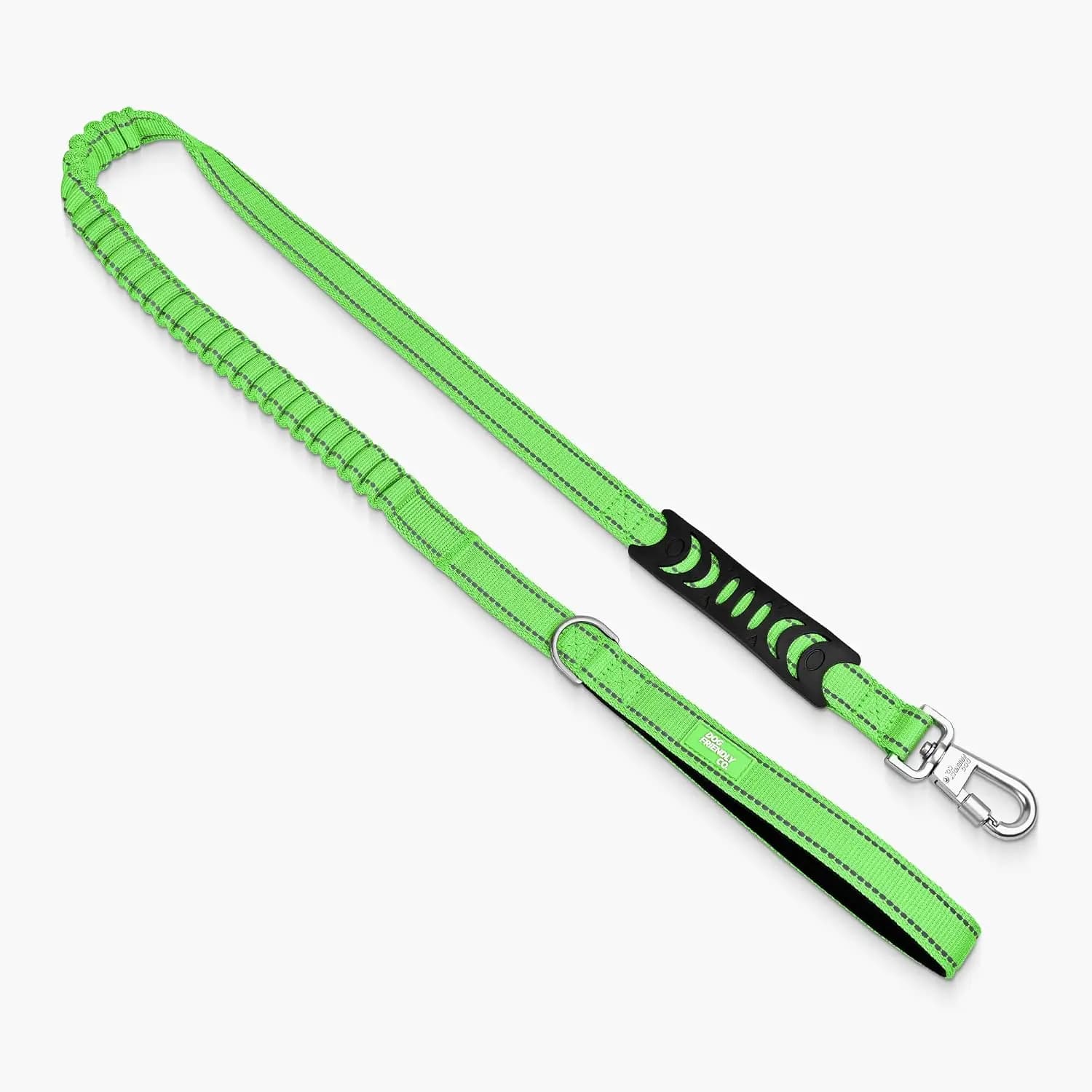 Shock Absorbing Bungee Dog Leash, Neoprene Padded Handle, Heavy Duty Carabiner, D-Ring, Neon Green, Regular