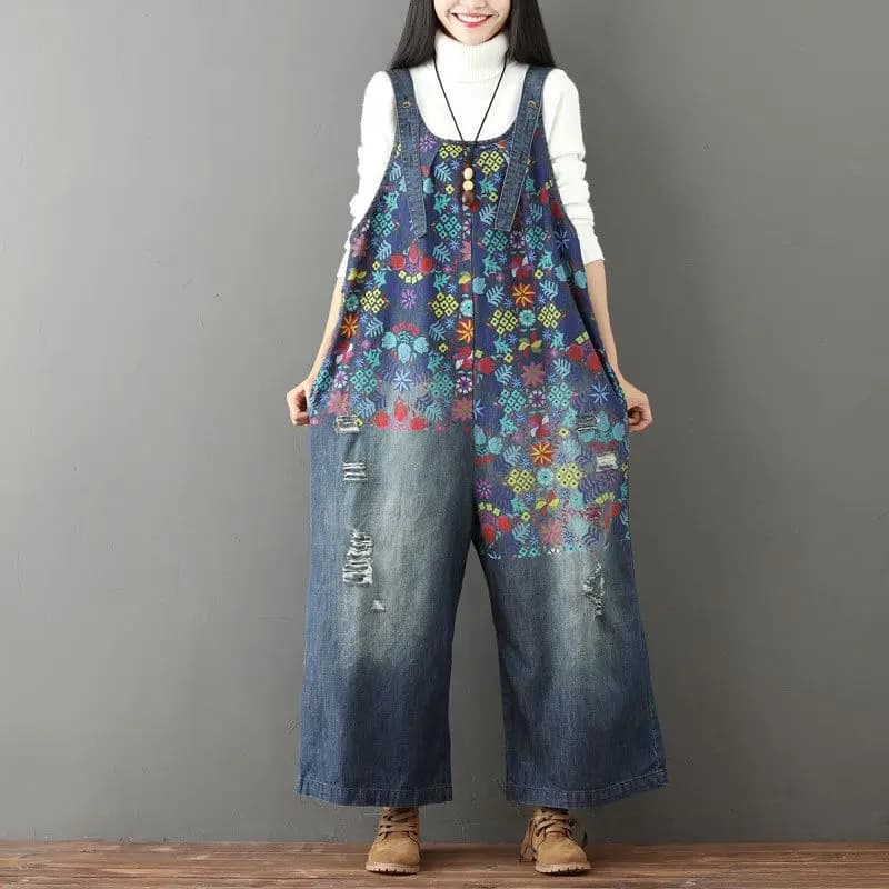 Jeans Stampati da Donna Taglia Grande, con Strappi, Gamba Larga, Stile Overalls, Vita Alta, Pantaloni Lunghi in Cotone