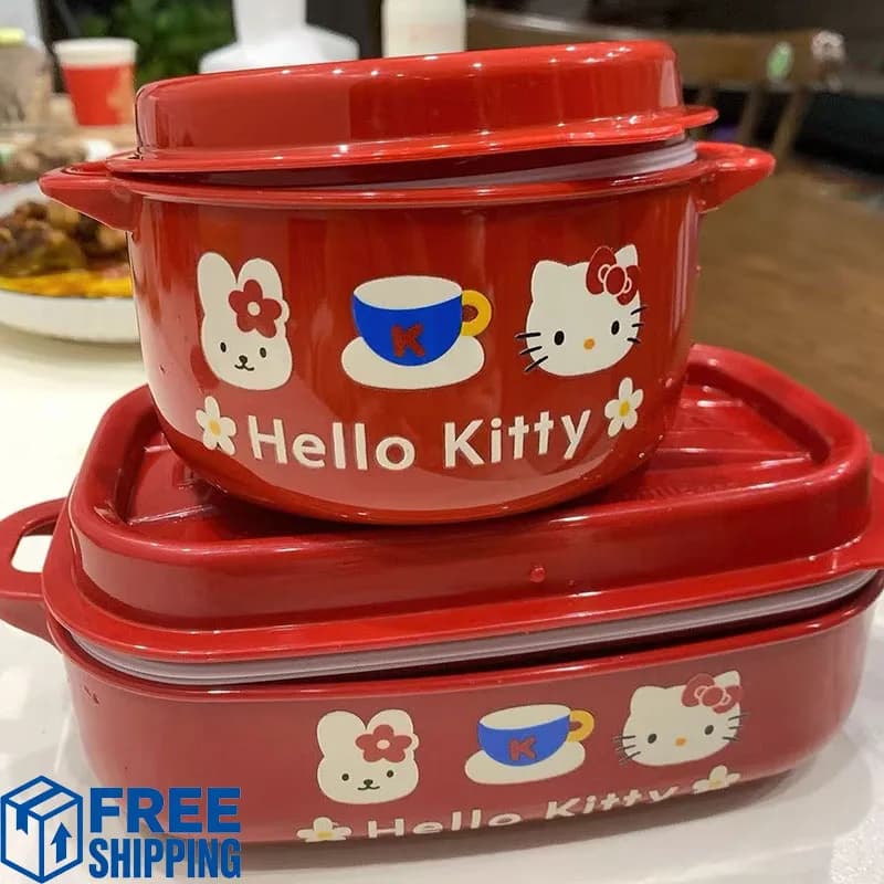 Kawaii Hello Kitty Lunch Box con coperchio, contenitore per alimenti creativo rosso a forma di cartone animato, delicato contenitore in PP da 500 ml, bento box riscaldabile, regalo perfetto per ragazze