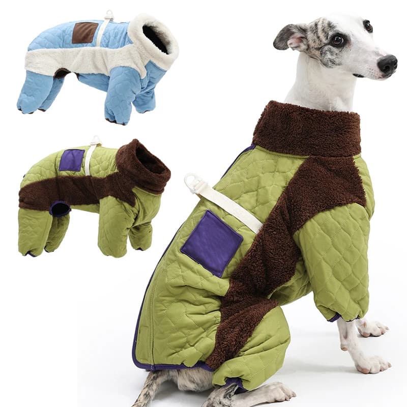 Winter 4-Leg Pet Bodysuit Thicken Quilted Thermal Dog Coat with Harness Warm Plush Lined Full-Body Jumpsuit with Sherpa Fleece