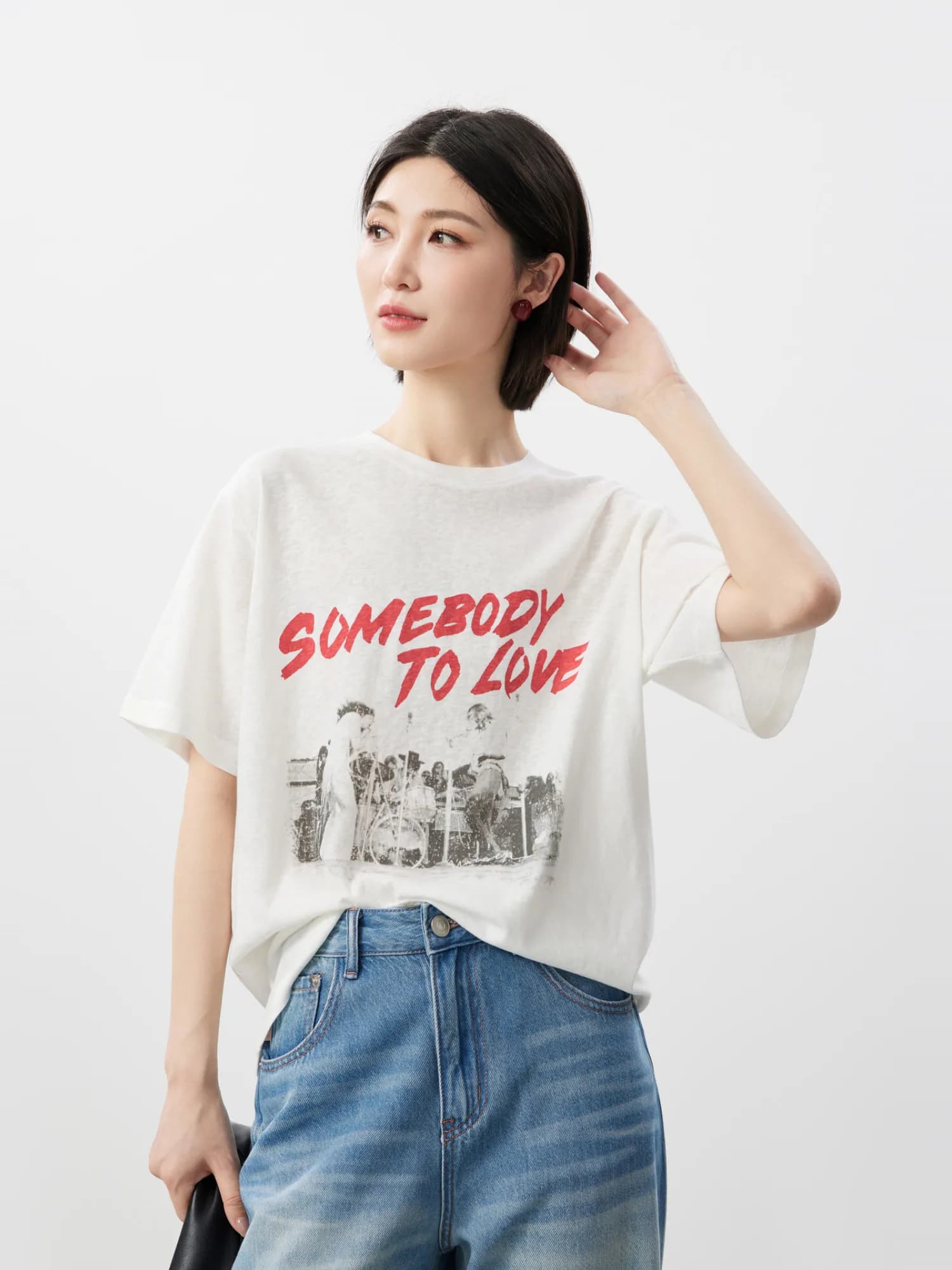 Loose Short Sleeve T-Shirt Women's Casual Vintage Rock Print Casual Feel Free Style Cotton Blend round Neck Regular Length