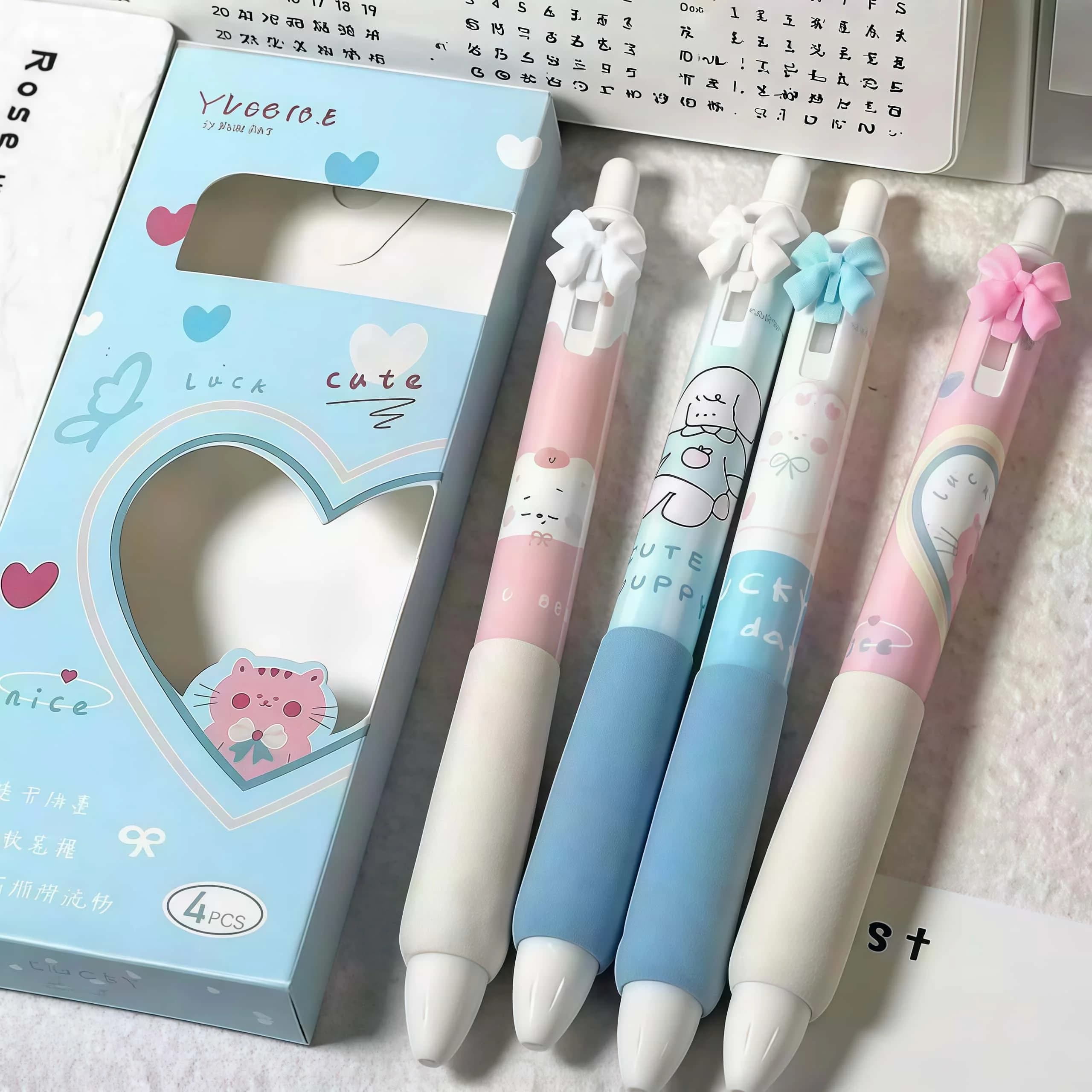 4Pcs Kawaii Cartoon Animal Gel Pens, Bow Decor Retractable Pens, Soft Grip Writing Stationery for Journal Office