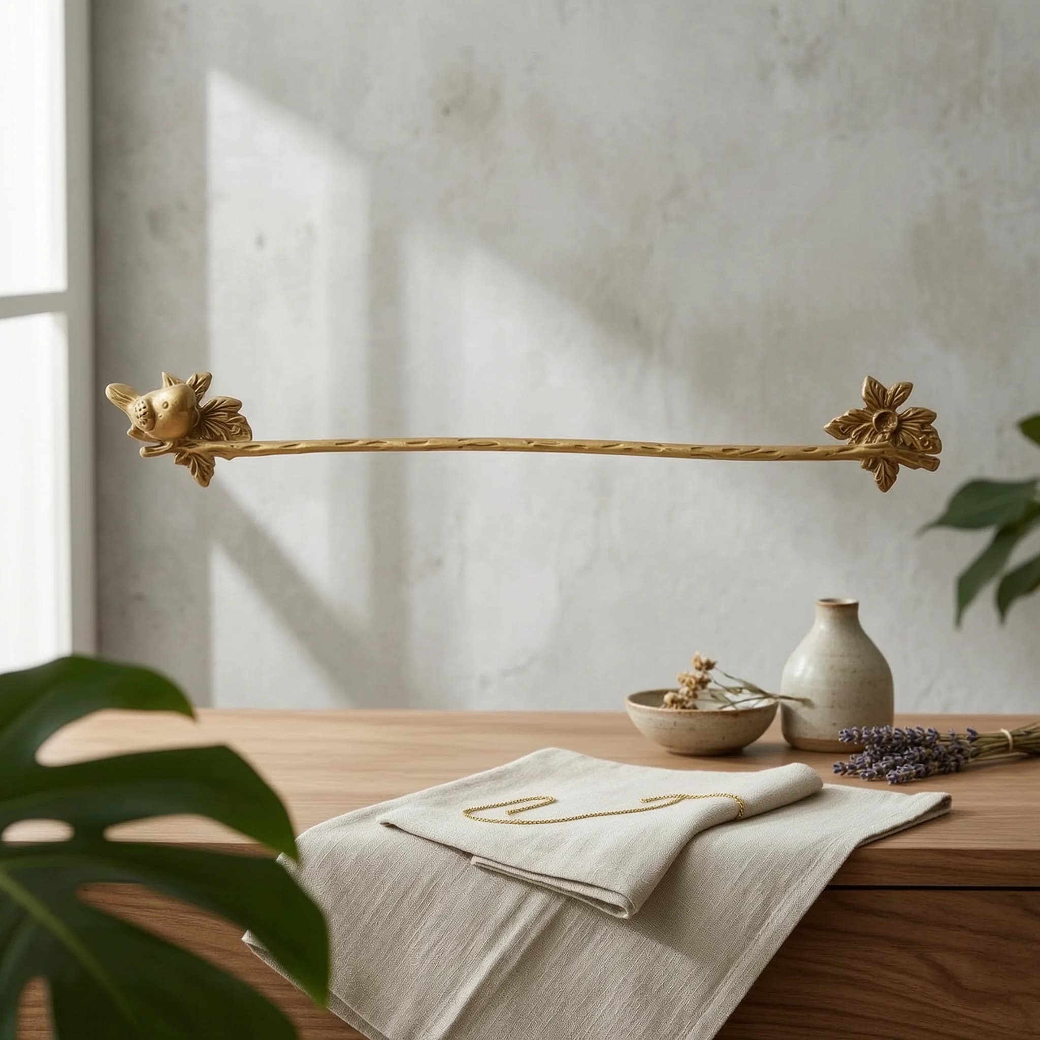 Towel Bar with Bird Motif Decorative Towel Rod with Floral Motif Hardware Sturdy Compact for Bathroom, Powder Room
