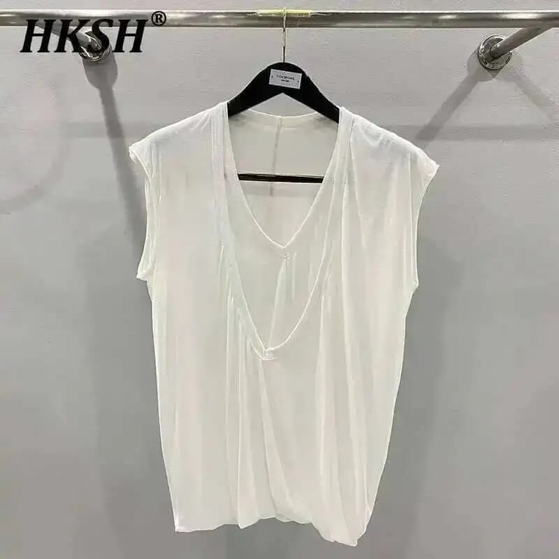 HKSH Estate Primavera Nuovi Uomini Marea Scuro Sexy Doppio Strato Con Scollo A V Solido Senza Maniche Magliette Moda Maglia Canotte Chic Maglia HK1399