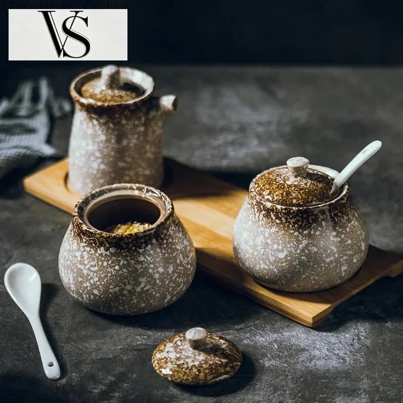 Household Spoon with Seasoning Lid Jar Salt Shaker Pepper Shaker Oil Japanese-Style Seasoning Ceramic Jar Three-Piece Set