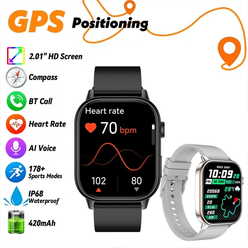 New GPS Men's Smart 5.3 Bluetooth Call 2.01-inch HD Screen Heart Rate and Blood Oxygen Monitoring Multiple Sports Modes Watch